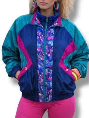 Vintage 80s Track Jacket Windbreaker Oversize Small Athletech Metallic Pockets